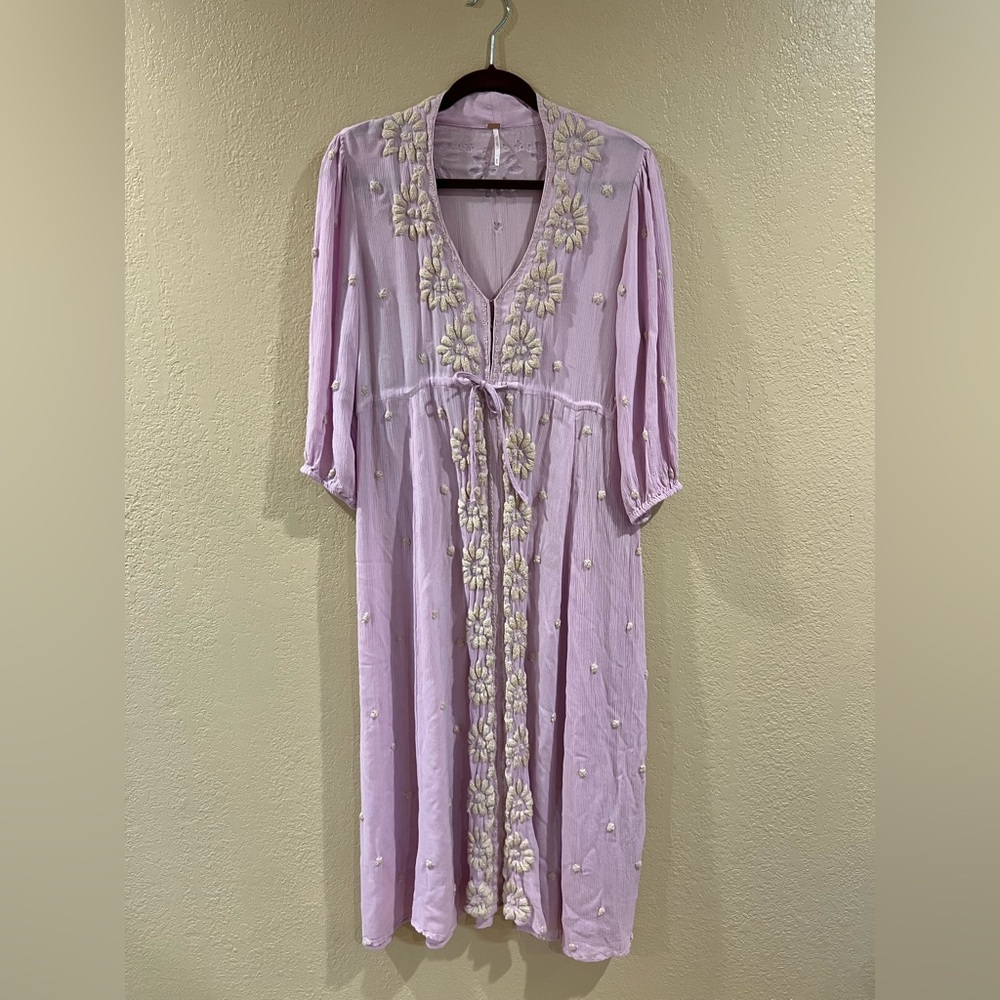 Free People Lavender Midi Dress with White Floral Embroidery size medium